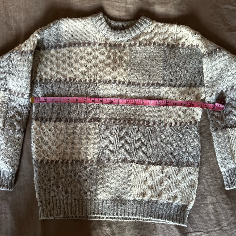 Vintage Lands' End Gray and Cream Cable Knit Wool Sweater Made in England